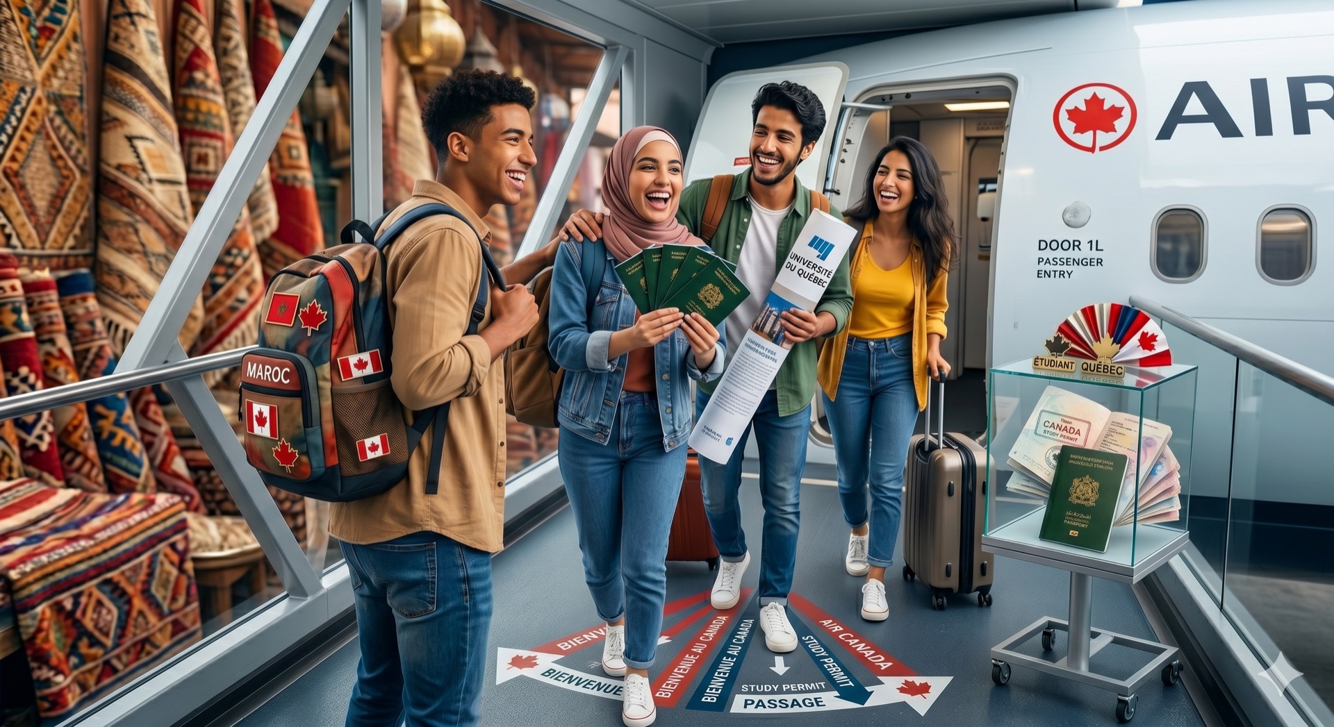 Étudiants marocains à l'embarquement d'un vol Air Canada avec passeport marocain, sac à dos Canada et documents universitaires du Québec